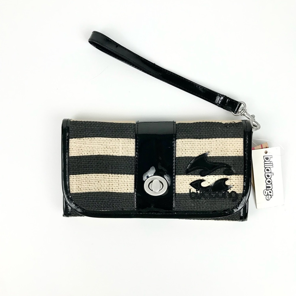 Billabong Viceroy Black/Natural Striped Burlap Long Wallet Wristlet NWT
